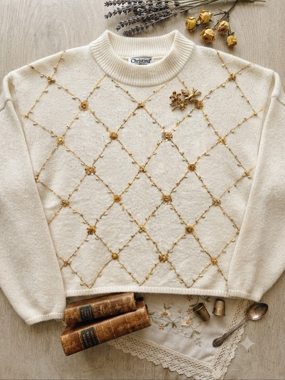 Vintage Christina Ivory Sweater with Golden Embellishments